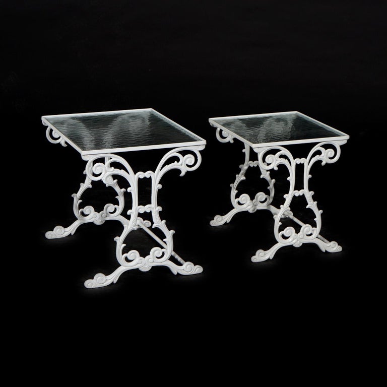 Two Painted Wrought Iron Glass Top Patio Side Tables 20th C