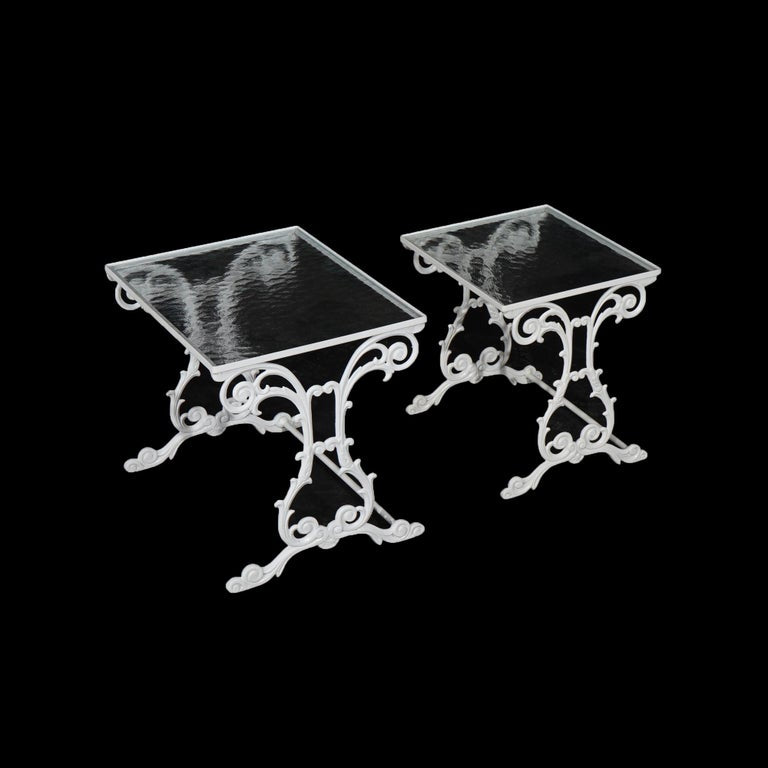 Two Painted Wrought Iron Glass Top Patio Side Tables 20th C