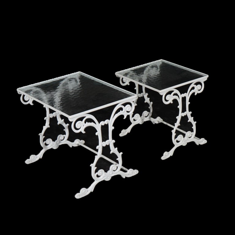 Two Painted Wrought Iron Glass Top Patio Side Tables 20th C