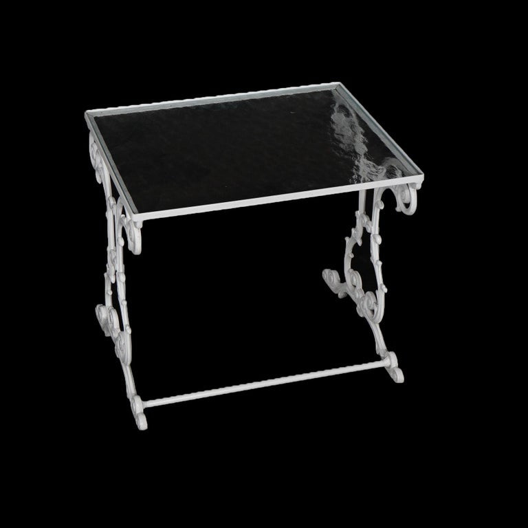 Two Painted Wrought Iron Glass Top Patio Side Tables 20th C