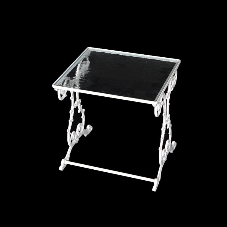 Two Painted Wrought Iron Glass Top Patio Side Tables 20th C