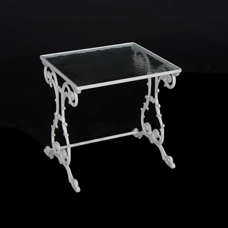 Two Painted Wrought Iron Glass Top Patio Side Tables 20th C