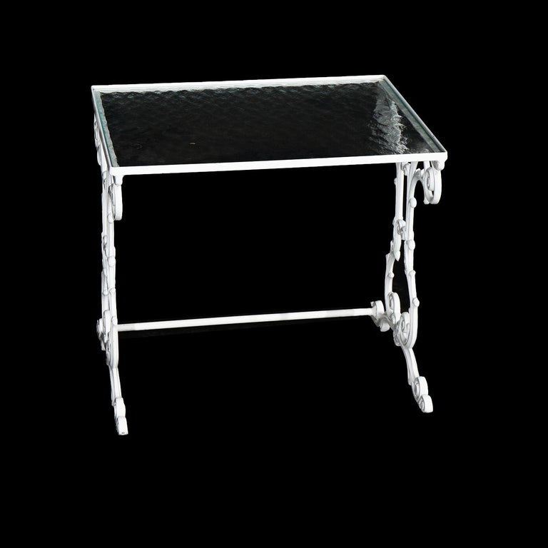 Two Painted Wrought Iron Glass Top Patio Side Tables 20th C