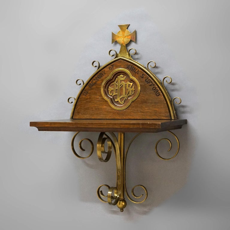 Antique Gothic Oak & Brass Communion Shelf 19thC