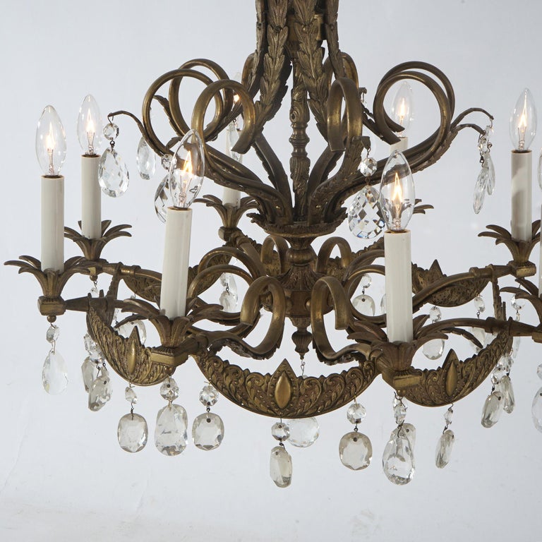 Vintage French Louis XIV Style Bronze & Crystal Eight-Light Chandelier C1930