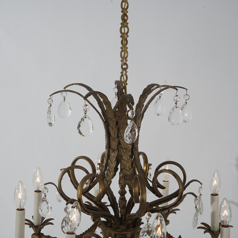 Vintage French Louis XIV Style Bronze & Crystal Eight-Light Chandelier C1930
