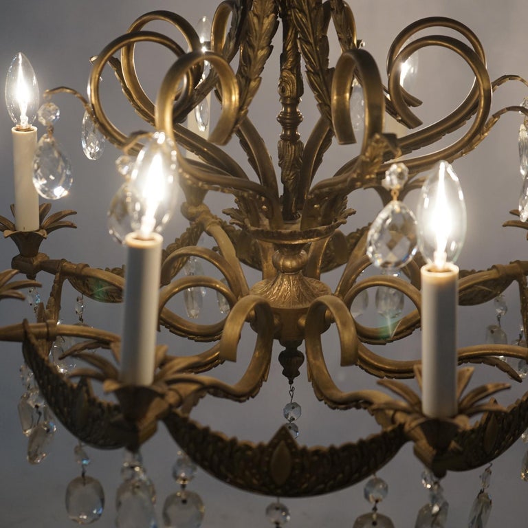 Vintage French Louis XIV Style Bronze & Crystal Eight-Light Chandelier C1930