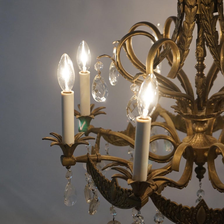 Vintage French Louis XIV Style Bronze & Crystal Eight-Light Chandelier C1930