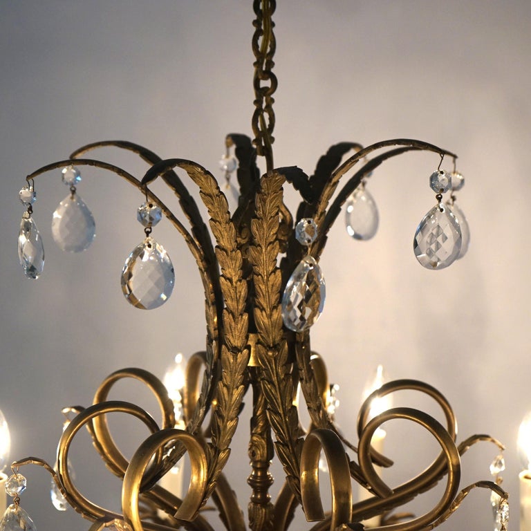 Vintage French Louis XIV Style Bronze & Crystal Eight-Light Chandelier C1930