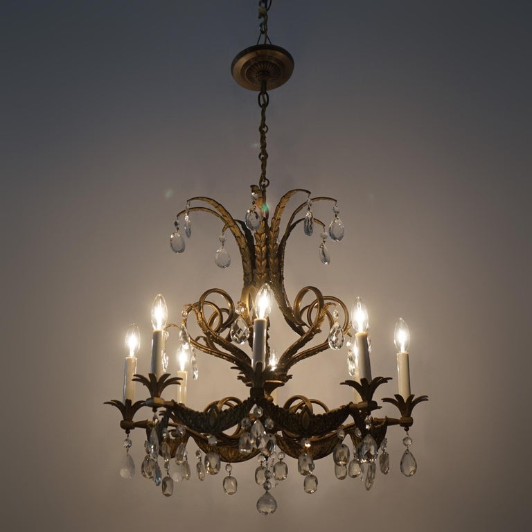 Vintage French Louis XIV Style Bronze & Crystal Eight-Light Chandelier C1930