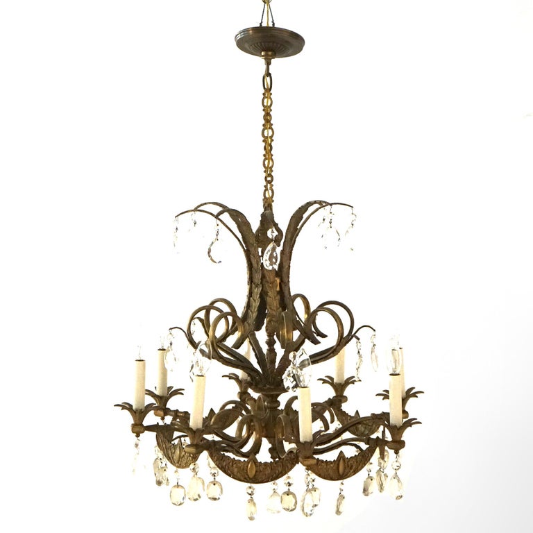 Vintage French Louis XIV Style Bronze & Crystal Eight-Light Chandelier C1930