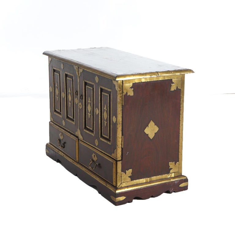 Antique Chinese Mahogany Spice Cabinet with Brass Mounts 19th C