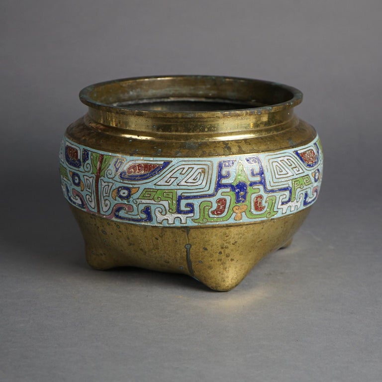 Asian Bronze & Enamel Footed Jardiniere 20thC