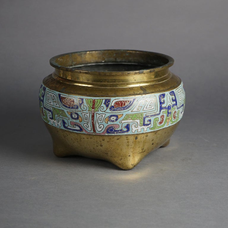 Asian Bronze & Enamel Footed Jardiniere 20thC