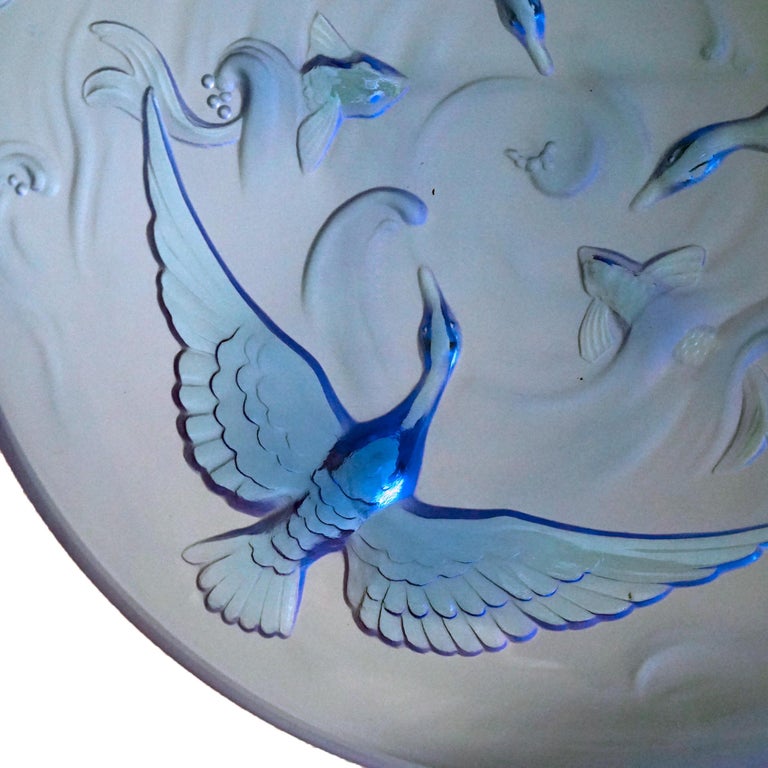 Antique Limogés Large Celestial Blue Glass Bowl Embossed with Swan & Koi C1930