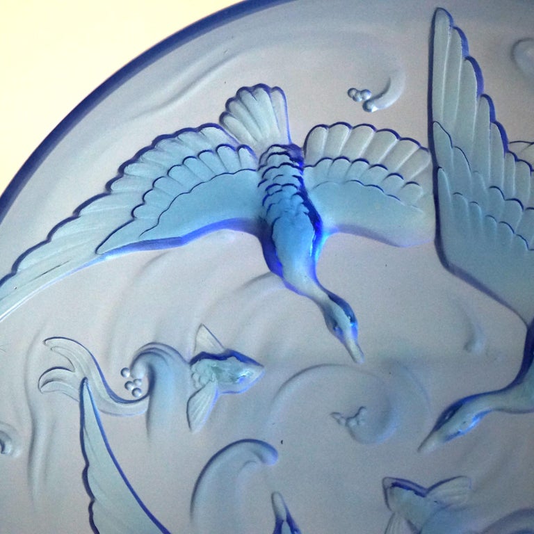 Antique Limogés Large Celestial Blue Glass Bowl Embossed with Swan & Koi C1930