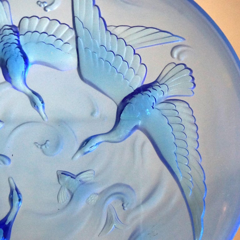 Antique Limogés Large Celestial Blue Glass Bowl Embossed with Swan & Koi C1930