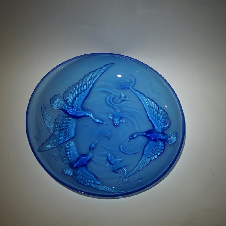 Antique Limogés Large Celestial Blue Glass Bowl Embossed with Swan & Koi C1930