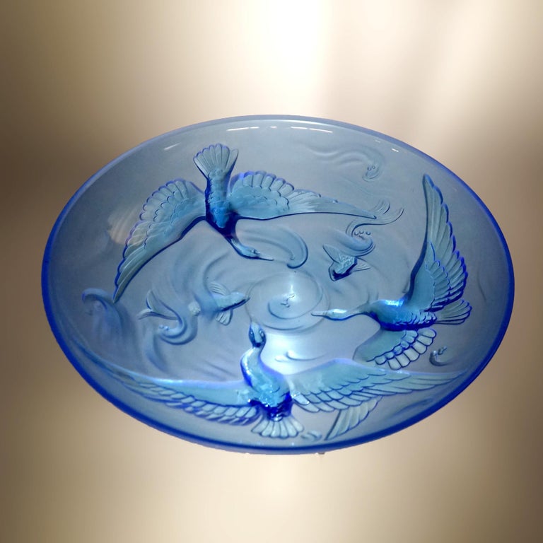 Antique Limogés Large Celestial Blue Glass Bowl Embossed with Swan & Koi C1930
