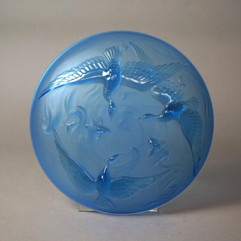 Antique Limogés Large Celestial Blue Glass Bowl Embossed with Swan & Koi C1930