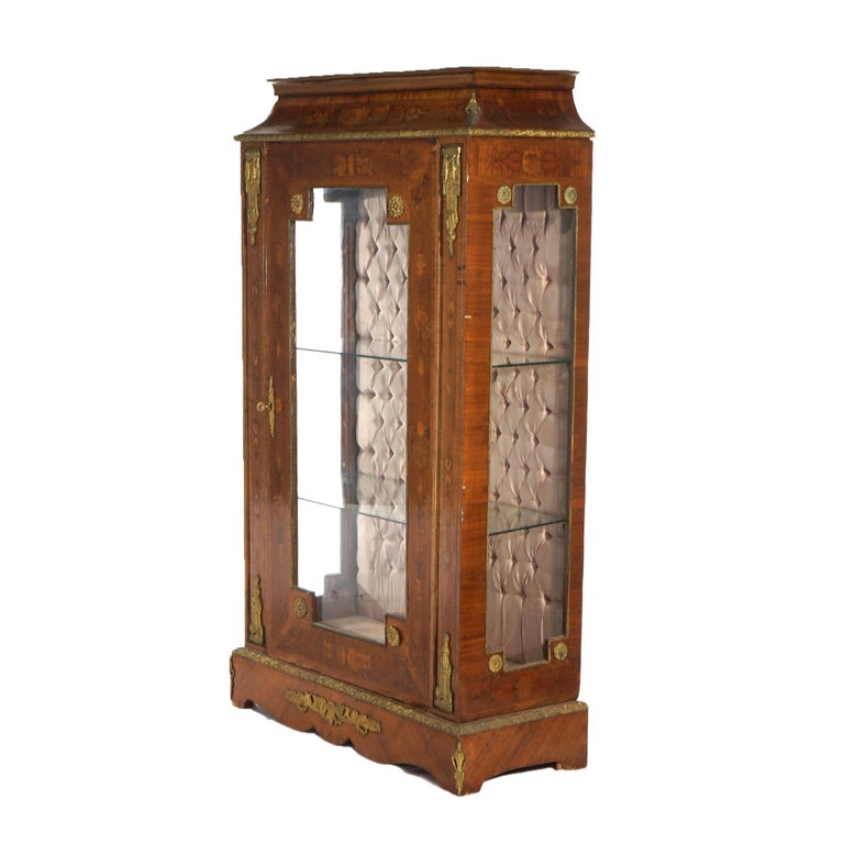Antique French Louis XVI Style Kingwood & Ormolu Inlaid Vitrine Curio 19thC