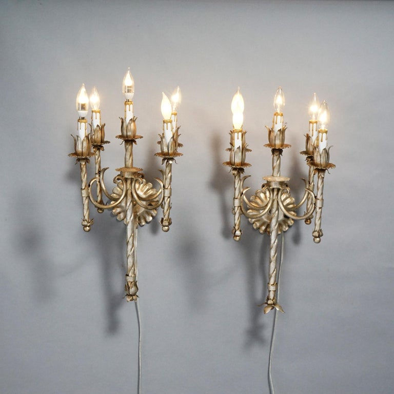 Antique Arts & Crafts Gothic Silvered Finish Candelabra Wall Sconces 20th C.