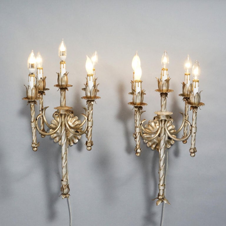 Antique Arts & Crafts Gothic Silvered Finish Candelabra Wall Sconces 20th C.
