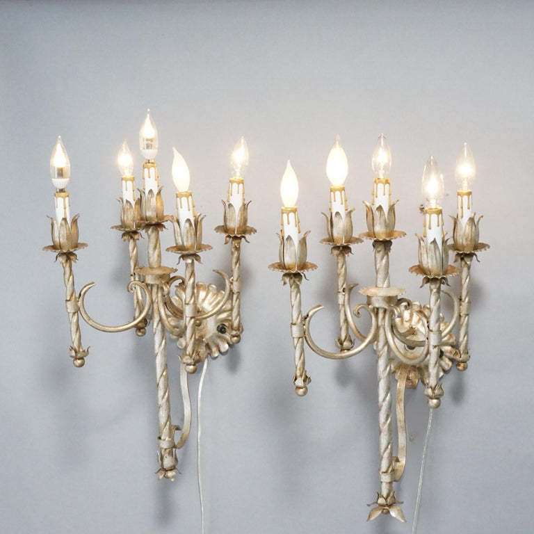 Antique Arts & Crafts Gothic Silvered Finish Candelabra Wall Sconces 20th C.