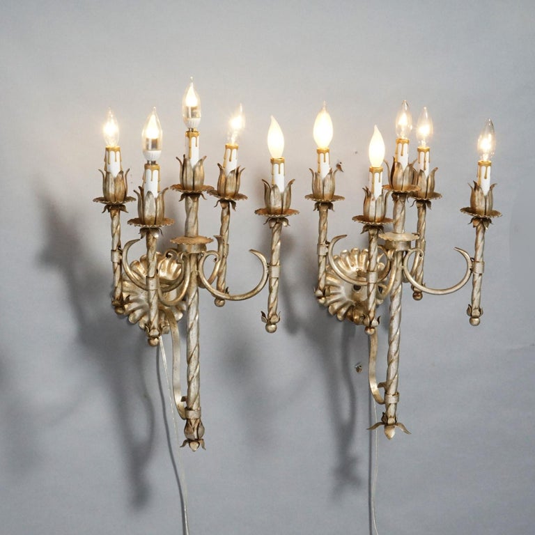 Antique Arts & Crafts Gothic Silvered Finish Candelabra Wall Sconces 20th C.