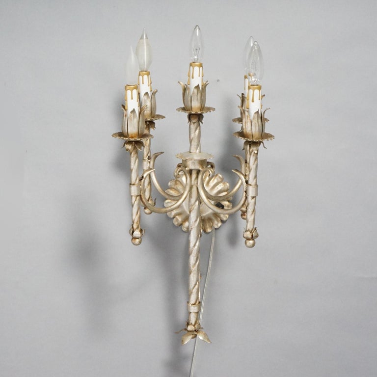 Antique Arts & Crafts Gothic Silvered Finish Candelabra Wall Sconces 20th C.