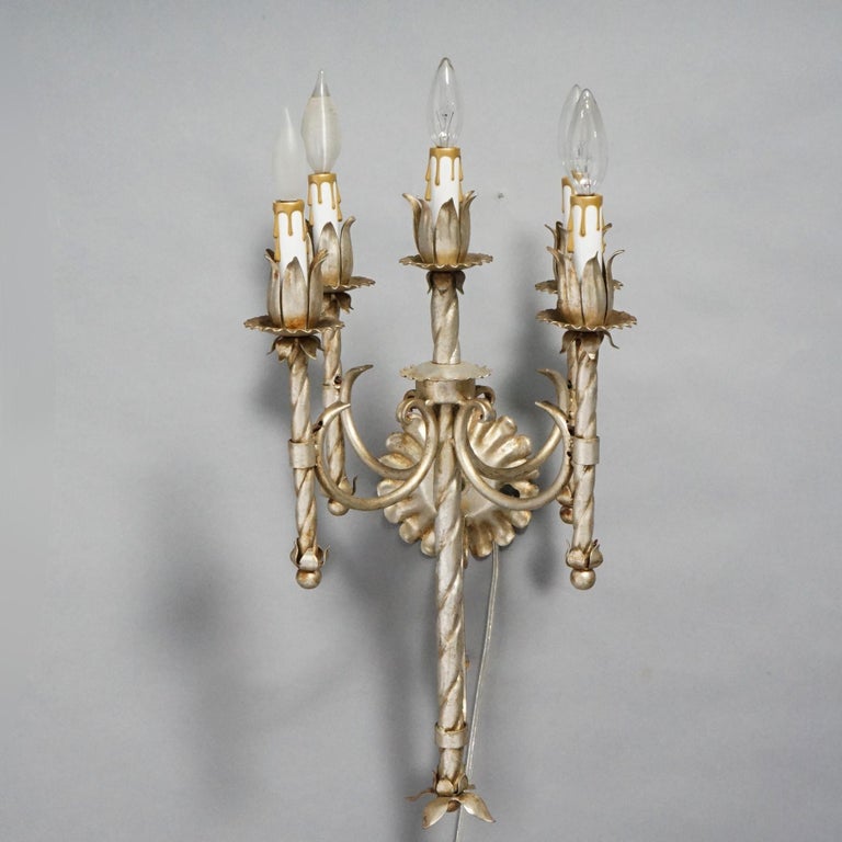 Antique Arts & Crafts Gothic Silvered Finish Candelabra Wall Sconces 20th C.