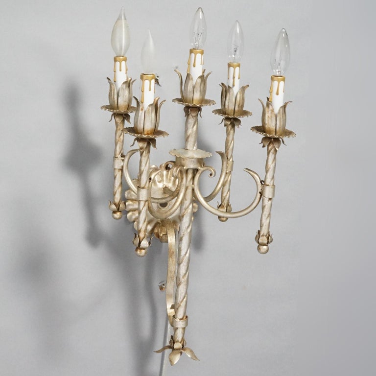 Antique Arts & Crafts Gothic Silvered Finish Candelabra Wall Sconces 20th C.