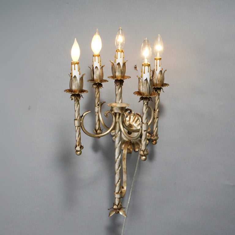 Antique Arts & Crafts Gothic Silvered Finish Candelabra Wall Sconces 20th C.