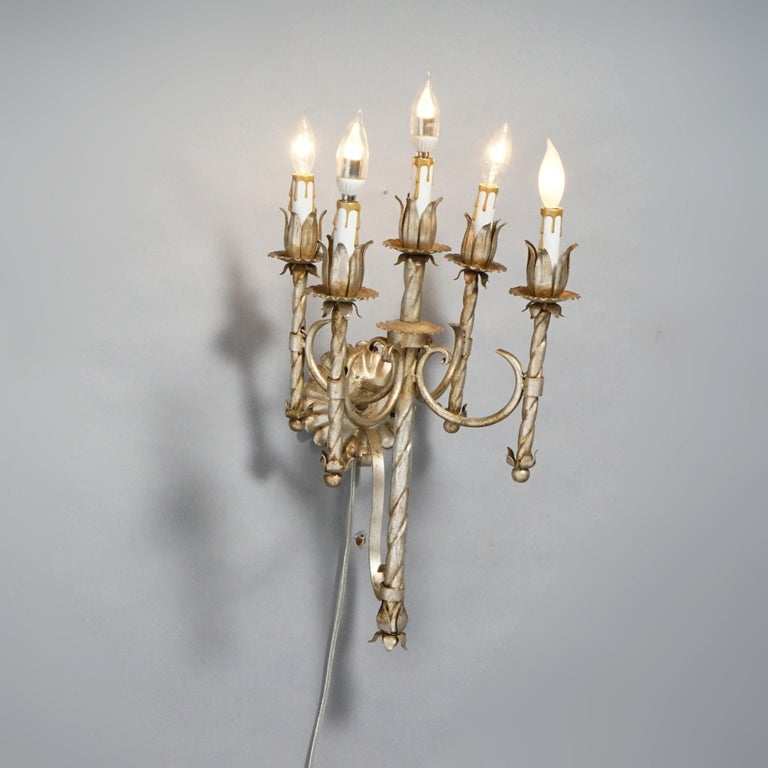 Antique Arts & Crafts Gothic Silvered Finish Candelabra Wall Sconces 20th C.