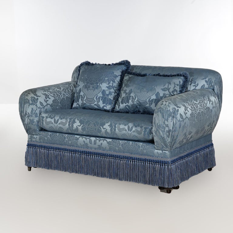 Hollywood Regency Upholstered Overstuffed Settee with Fringe Skirt 20thC