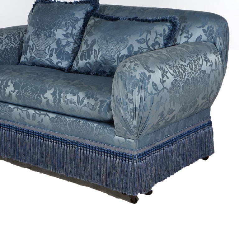 Hollywood Regency Upholstered Overstuffed Settee with Fringe Skirt 20thC