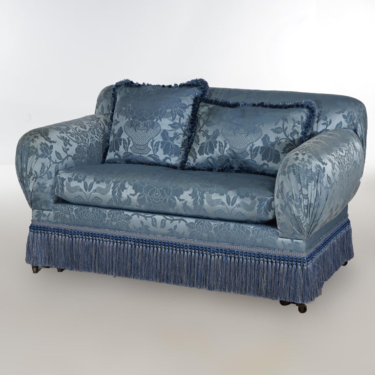 Hollywood Regency Upholstered Overstuffed Settee with Fringe Skirt 20thC