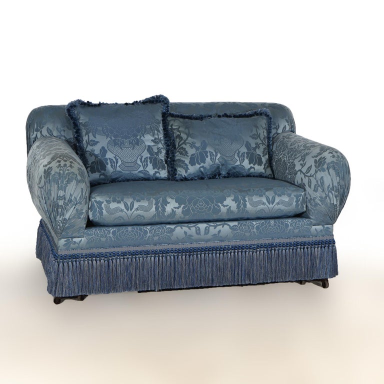 Hollywood Regency Upholstered Overstuffed Settee with Fringe Skirt 20thC