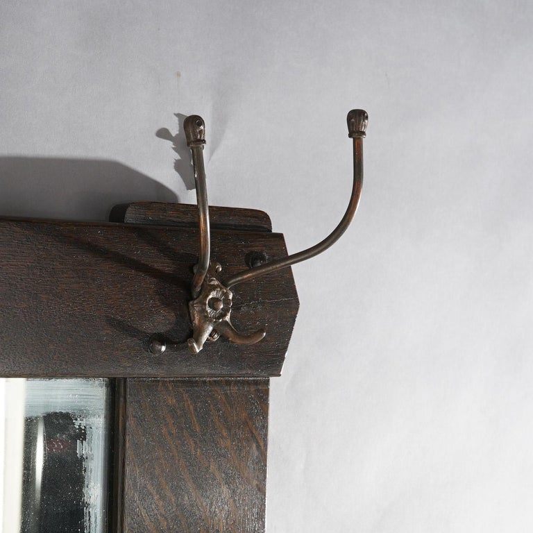 Antique Arts & Crafts Stickley Brothers School Oak Hall Mirror & Hat Hooks c1910