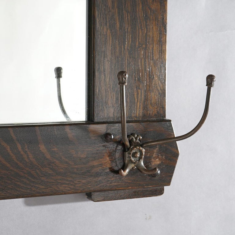 Antique Arts & Crafts Stickley Brothers School Oak Hall Mirror & Hat Hooks c1910