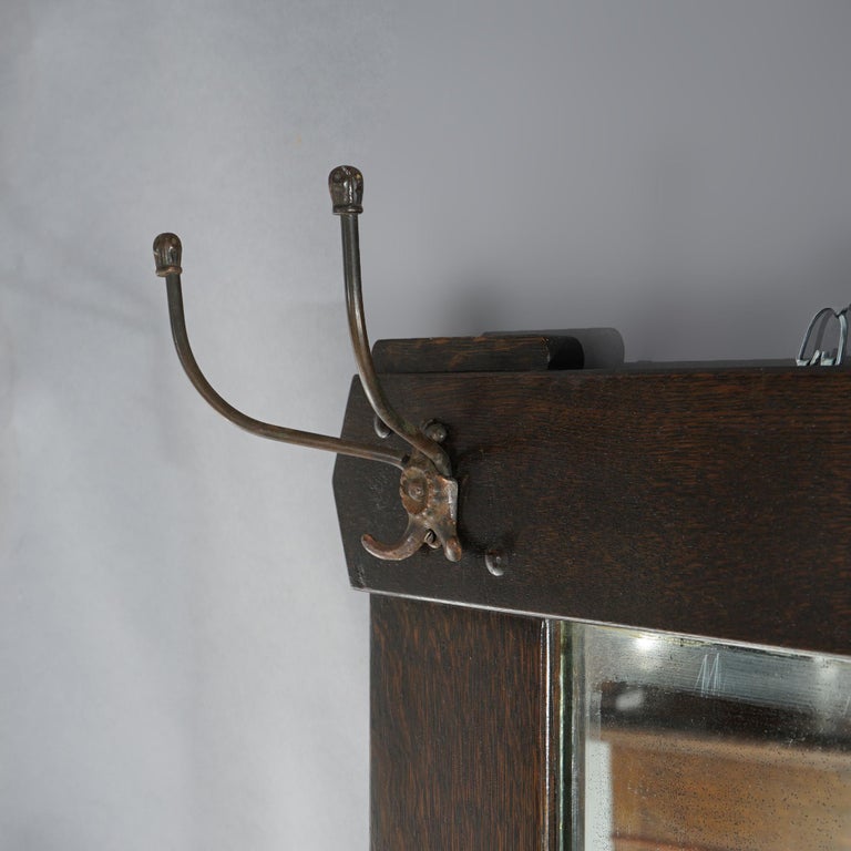Antique Arts & Crafts Stickley Brothers School Oak Hall Mirror & Hat Hooks c1910
