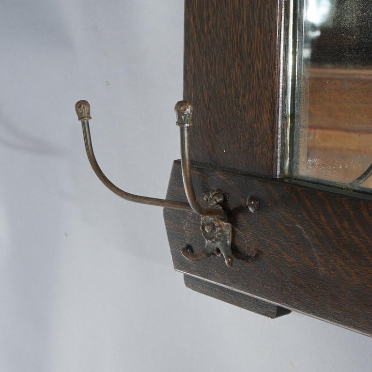 Antique Arts & Crafts Stickley Brothers School Oak Hall Mirror & Hat Hooks c1910