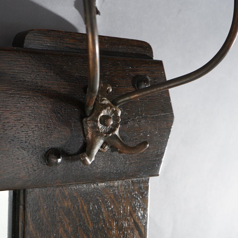 Antique Arts & Crafts Stickley Brothers School Oak Hall Mirror & Hat Hooks c1910