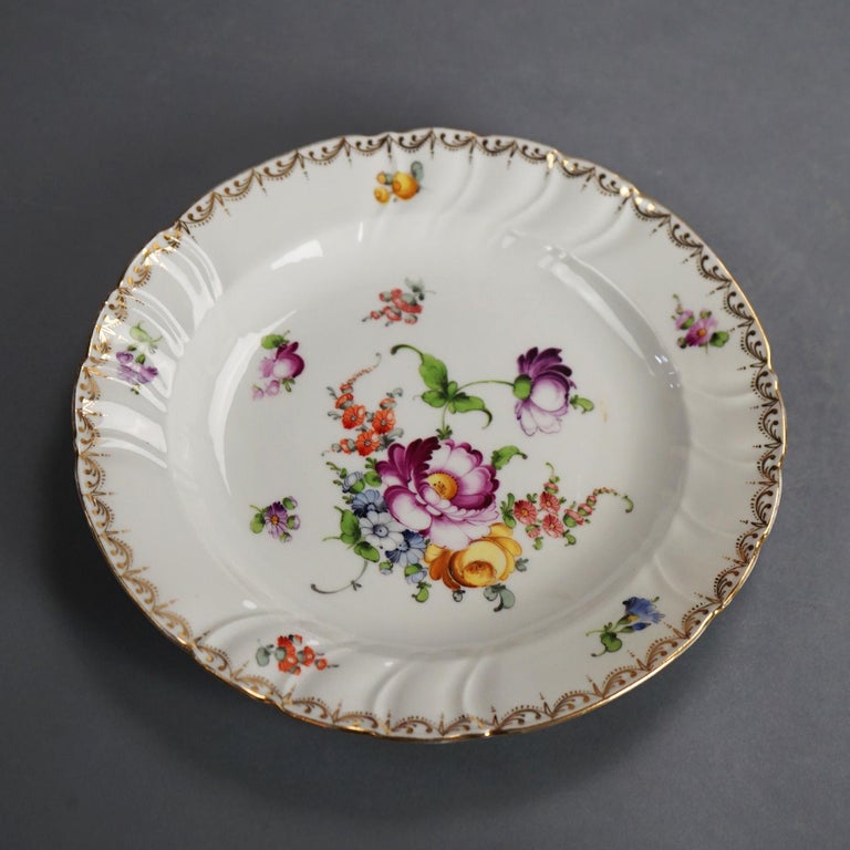 Five Antique Meissen Porcelain Plates with Hand Painted Flowers & Gilt C1900