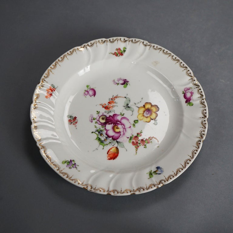Five Antique Meissen Porcelain Plates with Hand Painted Flowers & Gilt C1900