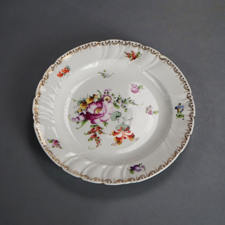 Five Antique Meissen Porcelain Plates with Hand Painted Flowers & Gilt C1900