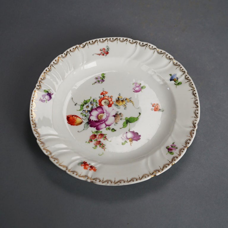 Five Antique Meissen Porcelain Plates with Hand Painted Flowers & Gilt C1900