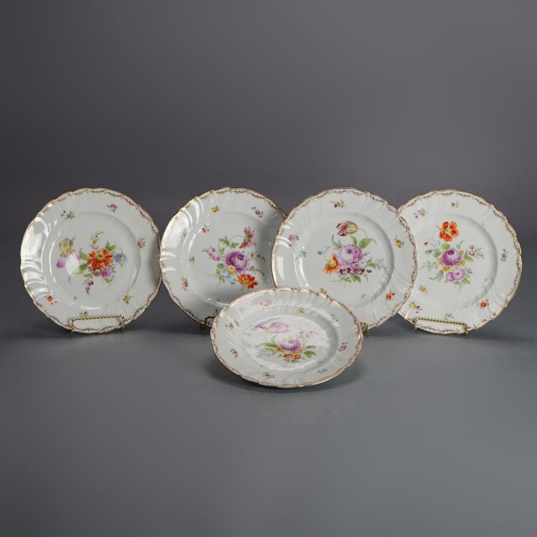 Five Antique German Dresden Porcelain Plates with Hand Painted Flowers c1900
