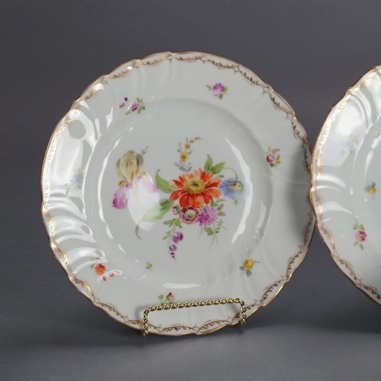Five Antique German Dresden Porcelain Plates with Hand Painted Flowers c1900
