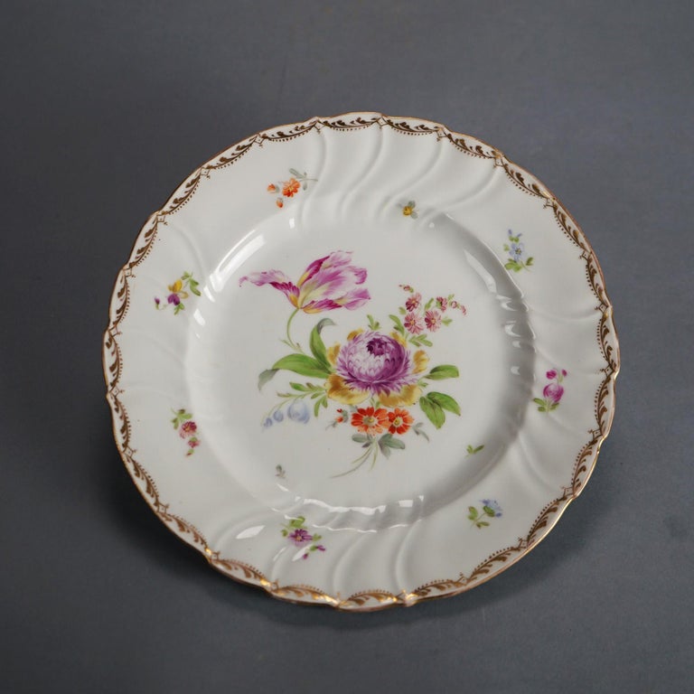 Five Antique German Dresden Porcelain Plates with Hand Painted Flowers c1900